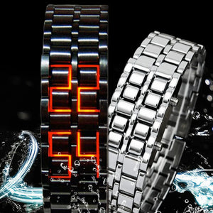 Gosasa Men's Lava Style Stainless Steel Watch - Red & Blue LED Digital Display, Black Bracelet