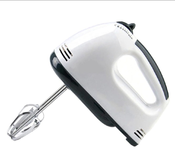 Hand mixer with white body and black accents on a white background