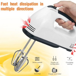 Hand mixer with text highlighting features on a yellow background
