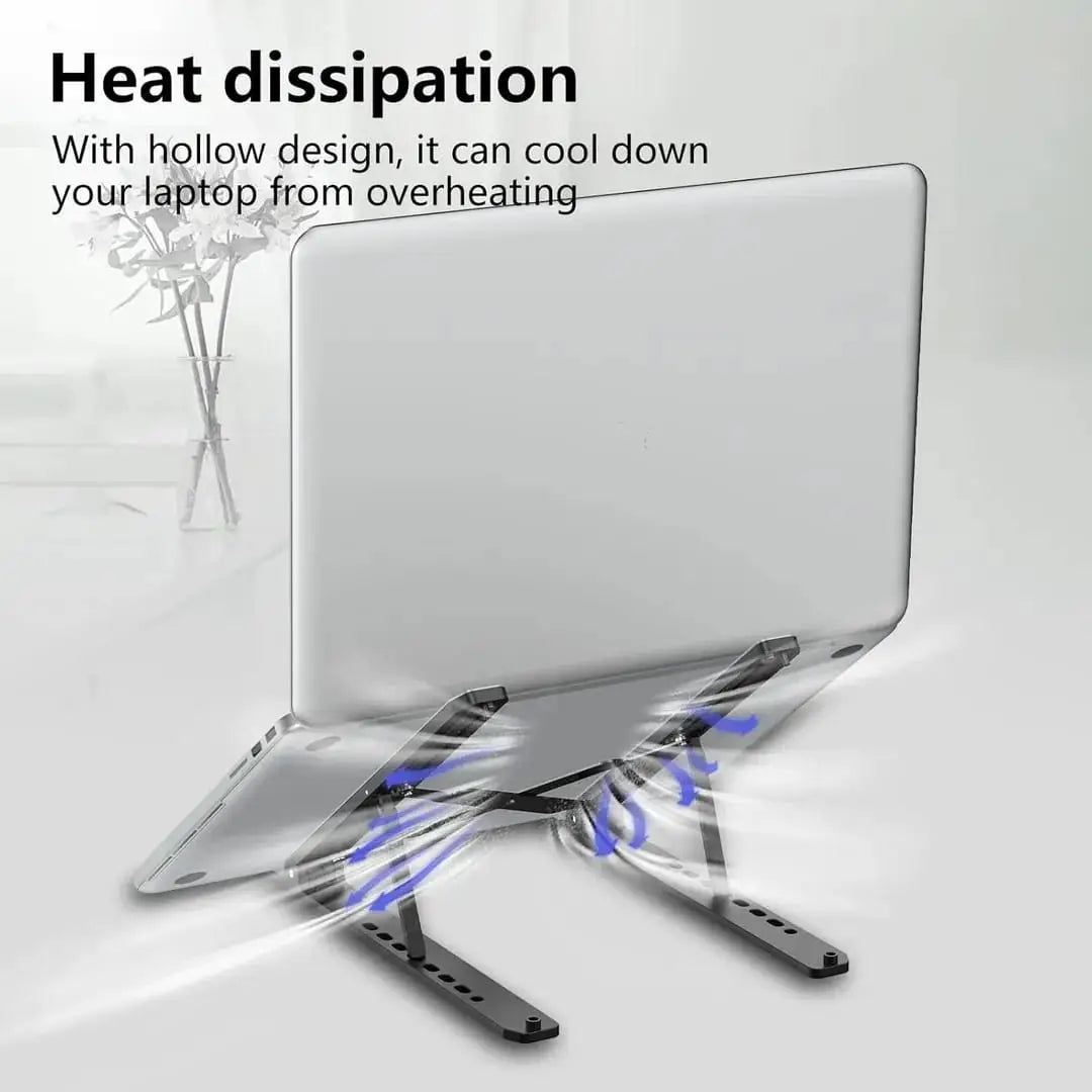 Laptop cooling stand with text on heat dissipation on a light background