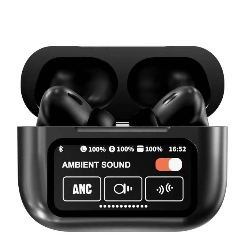 Black A9 Pro ANC Bluetooth 5.4 Wireless Earbuds with Smart Screen and Active Noise Cancellation Vitalkart