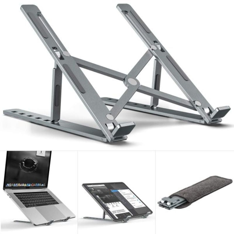 Collage of a laptop stand with additional uses on a white background