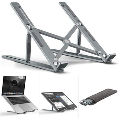 Collage of a laptop stand with additional uses on a white background