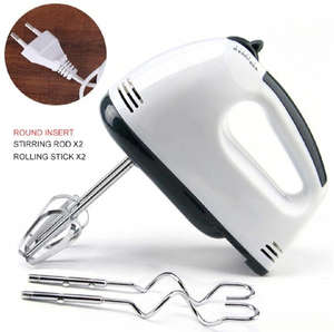 White hand mixer with attachments on a white background