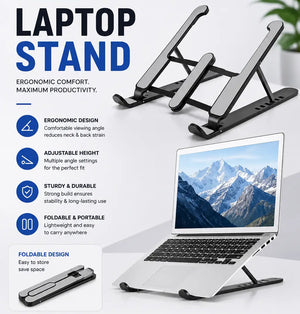 Laptop stand with adjustable height on a white surface, featuring text about its benefits.