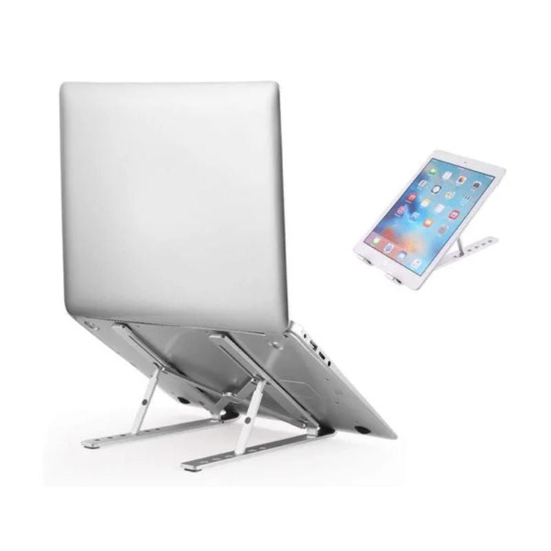 Laptop stand holding a laptop with an iPad on top on a white background