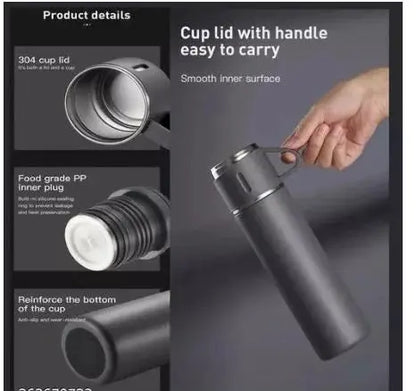 Premium Vacuum Flask Set – 500ml Stainless Steel Insulated Bottle with 3 Cups - Vitalkart