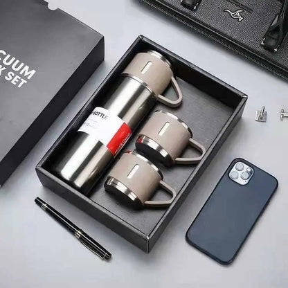 Premium Vacuum Flask Set – 500ml Stainless Steel Insulated Bottle with 3 Cups - Vitalkart