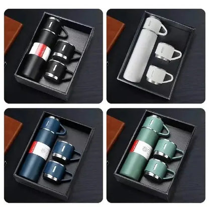 Premium Vacuum Flask Set – 500ml Stainless Steel Insulated Bottle with 3 Cups - Vitalkart